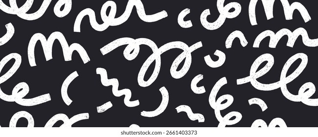 Black doodle lines seamless pattern. Abstract swirls and spirals, childish crayons drawing, modern strokes. Textile, wrapping paper, wallpaper. Print for fabric. Vector isolated on background