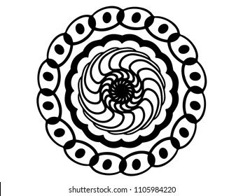 Black doodle mandala on white background. Mandala with move illusion vector. Round stamp template. Circle ornament isolated. Abstract medallion. Handdrawn seal or tattoo. Coloring mandala clipart