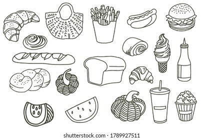 Black doodle obect with bread,popcorn,ice cream,pumpkin.Vector illustration for icon,logo,tattoo,accessories and menu