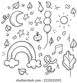 Black doodle outline children elements set with rainbow, leaves, clouds, moon and sun.