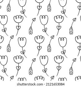 Black doodle outline flowers and arrows seamless pattern.