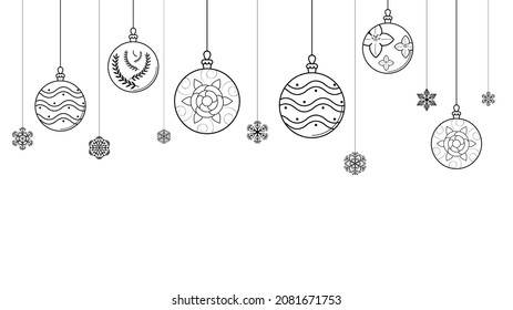 Black Doodle Outline Simple Line Abstract Merry Christmas Xmas Balls With Snowflakes Holiday Decorations Happy New Year Background Vector Design Style