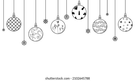 Black Doodle Outline Simple Line Abstrakte fröhliche Weihnachtsbälle mit Schneeflocken Feiertagsdekorationen Frohe Neujahrshintergrund Vectordesign Style