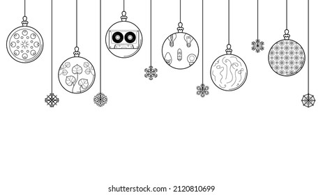 Black Doodle Outline Simple Line Abstract Merry Christmas Xmas Balls With Snowflakes Holiday Decorations Happy New Year Background Vector Design Style