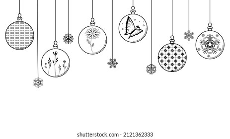 Black Doodle Outline Simple Line Abstract Merry Christmas Xmas Balls With Snowflakes Holiday Decorations Happy New Year Background Vector Design Style