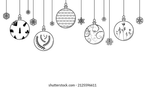 Black Doodle Outline Simple Line Abstract Merry Christmas Xmas Balls With Snowflakes Holiday Decorations Happy New Year Background Vector Design Style