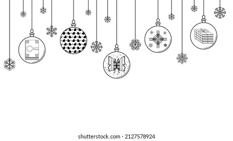 Black Doodle Outline Simple Line Abstract Merry Christmas Xmas Balls With Snowflakes Holiday Decorations Happy New Year Background Vector Design Style
