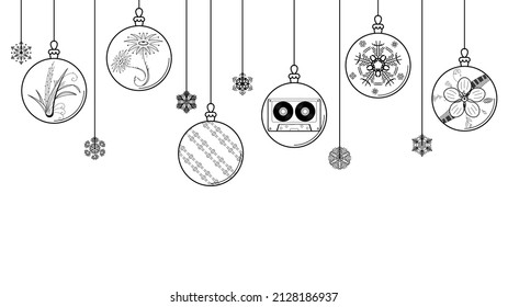 Black Doodle Outline Simple Line Abstract Merry Christmas Xmas Balls With Snowflakes Holiday Decorations Happy New Year Background Vector Design Style