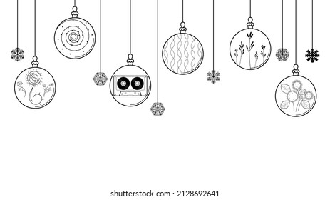 Black Doodle Outline Simple Line Abstract Merry Christmas Xmas Balls With Snowflakes Holiday Decorations Happy New Year Background Vector Design Style