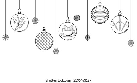 Black Doodle Outline Simple Line Abstrakte Weihnachtsbälle mit Schneeflocken Feiertagsdekorationen Schöner Neujahrshintergrund Vectordesign Style
