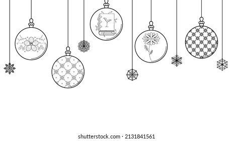 Black Doodle Outline Simple Line Abstract Merry Christmas Xmas Balls With Snowflakes Holiday Decorations Happy New Year Background Vector Design Style