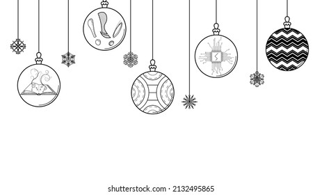 Black Doodle Outline Simple Line Abstrakte Weihnachtsbälle mit Schneeflocken Feiertagsdekorationen Schöner Neujahrshintergrund Vectordesign Style