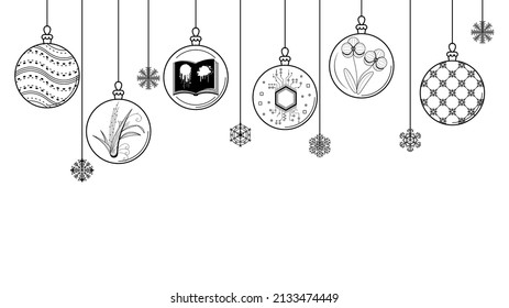 Black Doodle Outline Simple Line Abstract Maerry Christmas Xmas Balls With Snowflakes Holiday Decorations Happy New Year Background Vector Design Style