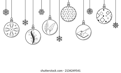 Black Doodle Outline Simple Line Abstract Maerry Christmas Xmas Balls With Snowflakes Holiday Decorations Happy New Year Background Vector Design Style