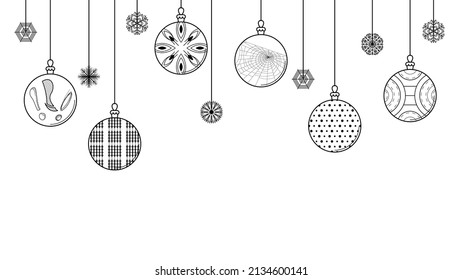 Black Doodle Outline Simple Line Abstract Maerry Christmas Xmas Balls With Snowflakes Holiday Decorations Happy New Year Background Vector Design Style