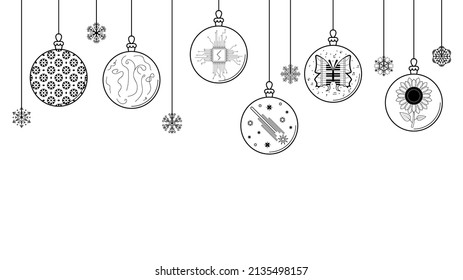 Contorno de Doodle Negro Línea simple Resumen Bolas navideñas de arándano con decoraciones navideñas de copos de nieve Feliz Año Nuevo Estilo de diseño de vectores