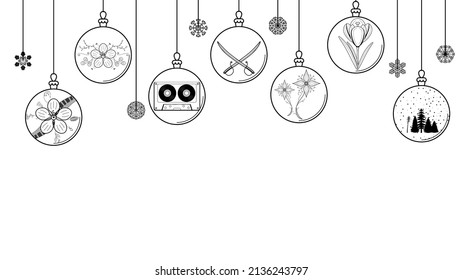 Black Doodle Outline Simple Line Abstract Maerry Christmas Xmas Balls With Snowflakes Holiday Decorations Happy New Year Background Vector Design Style