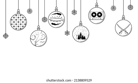 Black Doodle Outline Simple Line Abstract Maerry Christmas Xmas Balls With Snowflakes Holiday Decorations Happy New Year Background Vector Design Style