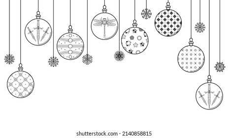 Black Doodle Outline Simple Line Abstract Maerry Christmas Xmas Balls With Snowflakes Holiday Decorations Happy New Year Background Vector Design Style