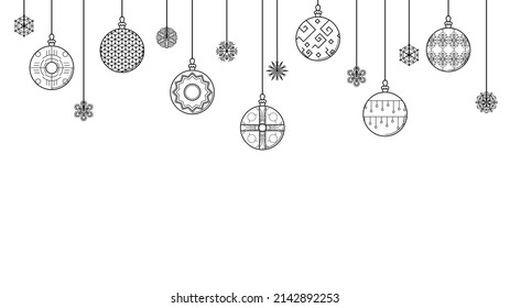 Black Doodle Outline Simple Line Abstract Maerry Christmas Xmas Balls With Snowflakes Holiday Decorations Happy New Year Background Vector Design Style