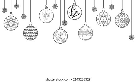 Black Doodle Outline Simple Line Abstract Maerry Christmas Xmas Balls With Snowflakes Holiday Decorations Happy New Year Background Vector Design Style