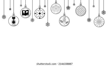 Black Doodle Outline Simple Line Abstract Maerry Christmas Xmas Balls With Snowflakes Holiday Decorations Happy New Year Background Vector Design Style