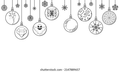 Black Doodle Outline Simple Line Abstract Maerry Christmas Xmas Balls With Snowflakes Holiday Decorations Happy New Year Background Vector Design Style