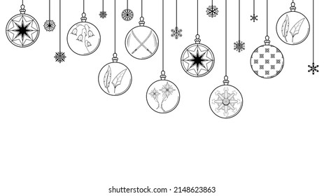 Black Doodle Outline Simple Line Abstract Maerry Christmas Xmas Balls With Snowflakes Holiday Decorations Happy New Year Background Vector Design Style