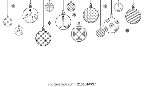 Black Doodle Outline Simple Line Abstract Maerry Christmas Xmas Balls With Snowflakes Holiday Decorations Happy New Year Background Vector Design Style