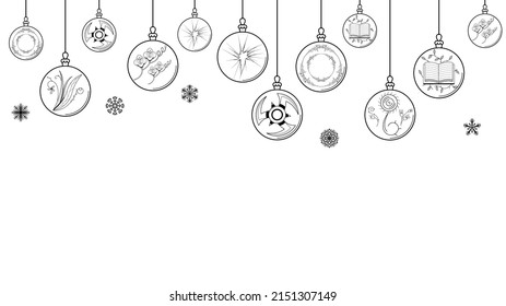 Black Doodle Outline Simple Line Abstract Maerry Christmas Xmas Balls With Snowflakes Holiday Decorations Happy New Year Background Vector Design Style