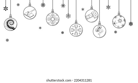 Black Doodle Outline Simple Line Abstract Maerry Christmas Xmas Balls With Snowflakes Holiday Decorations Happy New Year Background Vector Design Style