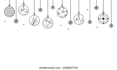 Black Doodle Outline Simple Line Abstract Maerry Christmas Xmas Balls With Snowflakes Holiday Decorations Happy New Year Background Vector Design Style