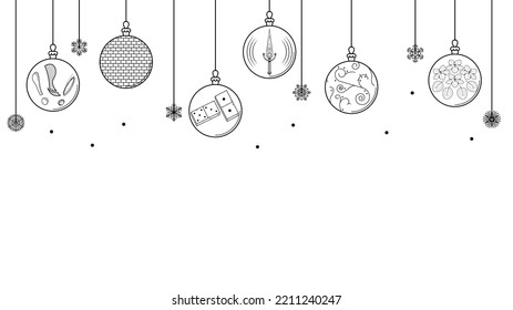 Contorno de Doodle Negro Línea simple Resumen Bolas navideñas de arándano con decoraciones navideñas de copos de nieve Feliz Año Nuevo Estilo de diseño de vectores
