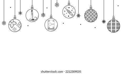 Contorno de Doodle Negro Línea simple Resumen Bolas navideñas de arándano con decoraciones navideñas de copos de nieve Feliz Año Nuevo Estilo de diseño de vectores