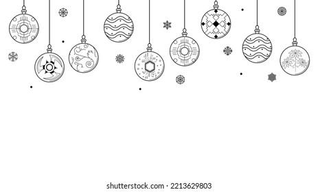Black Doodle Outline Simple Line Abstract Maerry Christmas Xmas Balls With Snowflakes Holiday Decorations Happy New Year Background Vector Design Style