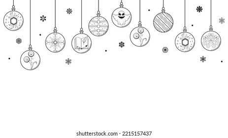 Black Doodle Outline Simple Line Abstract Maerry Christmas Xmas Balls With Snowflakes Holiday Decorations Happy New Year Background Vector Design Style