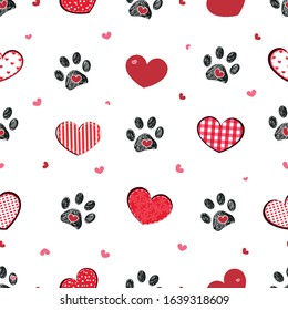 Black doodle paw print with retro beautiful hearts. Happy Valentine's day, Mother's Day seamless fabric design pattern background vector