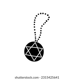 Black doodle pentagram medallion isolated on white background. Hand drawn pendant on a chain, modern witch accessory, magic and occult.