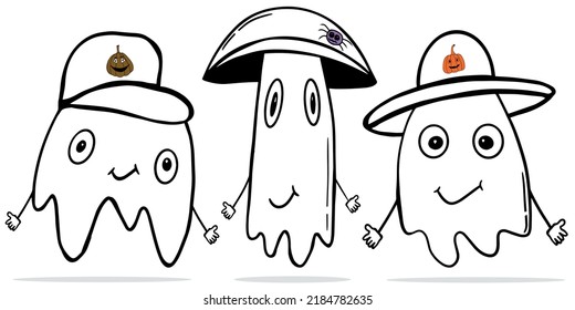 Conjunto de doodles negros de un fantasma. Ilustración de Halloween. Ilustración fantasma hecha a mano. ilustración de línea