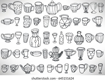 Black doodle set of hand drawn dishes, cups, teapots, glasses, vases isolated on white. Collection of kitchenware elements for design. Vector illustration.