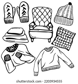 Set de doodle negro de ropa de abrigo y artículos de interior para el hogar. Ilustración de ropa hecha a mano. conjunto de elementos acogedores