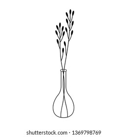 Black doodle simple hand drawn branches in a glass vase.Minimalistic botanical illustration for posters,stickers,print on t-shirts,mug print,decoration for greeting cards,planners and more
