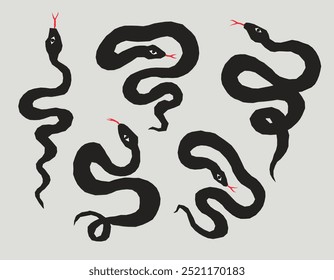 Black doodle snake collection. Sketchy style funny snakes with red tongue