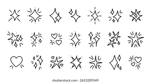 Black doodle sparkle icon set minimal hand drawn children sketch elements stars hearts shiny bursts outlines for sticker planner scrapbook decoration design pack fun whimsical cute kids illustration