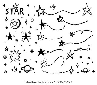 Black doodle star and dash line. Abstract hand drawn scribble stars shape isolated elements. Cartoon line marker sketch for text emphasis on white background. Pen graphic and highlight graffiti sketch