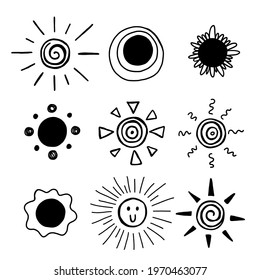 Black doodle sun set. Hand drawn solar symbols collection, spf and uv protection emblem label or badge, abstract design for logo, vector isolated on white illustration