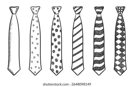 Black Doodle Tie Set with Heart, Dotted, Line, Wave, and Diamond Patterns on Transparent Background for Fashion Illustration, School Project, or Clothing Design