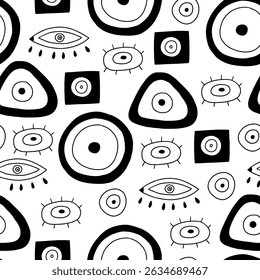 Black doodle turkish evil eye seamless pattern. Greek magic astrology design. Vector background