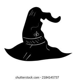 Black doodle witch hat. Halloween vector icon on white background.