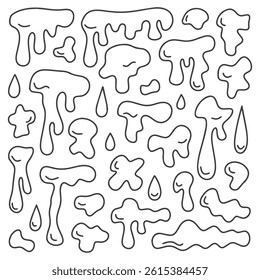 Black doodles of dripping liquid forms and splashes drawn on white background in messy melting style